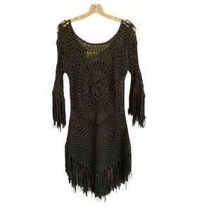 BAGDLEY MISCHKA‎ COVER UP BLACK SIZE EXTRA SMALL CROCHET TUNIC FRINGE WOMENS